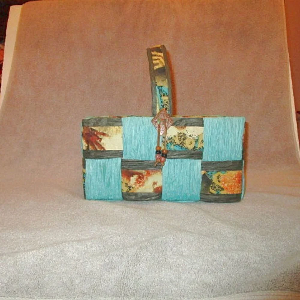 Vtg Handwoven Gathering Basket Raffia Patchwork Beads Lined Cottagecore Boho 70s